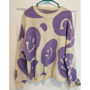 Bailey Rose Smiley Face Sweater Knit Pullover Crewneck Lavender Funky‎ M